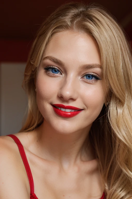 Blue-eyed blonde with a beautiful smile and red lipstick 