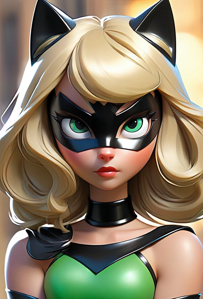 black superhero dress, green cat-eyed, long, straight, blonde-haired, with bangs superhero girl with black domino mask, with black cat ears between her hair