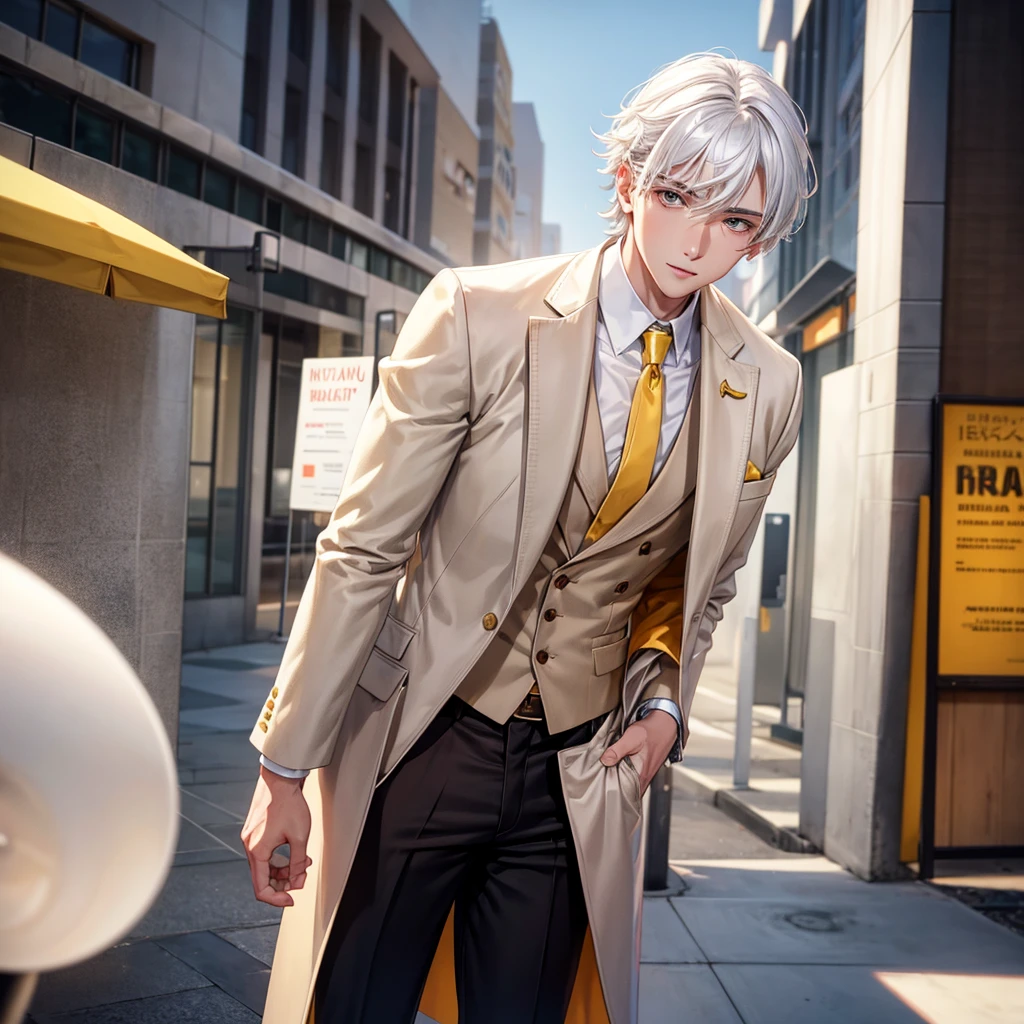 man, silver hair, wear suit, sitting sofa in room, shredded, ((ikemen)), bishounen, ((slanted eyes)), big nose, oval-face, highly detailed, high-key, clothes and hair reflecting light, dramatic lighting, rim light, anime male characters, official art, (anime) --auto --s2