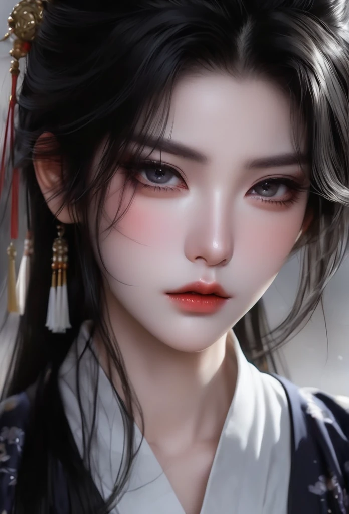1 girl，Sexy，Flowing messy black hair，Hair shine，Skin details，Beautiful facial features，Exquisite makeup，Exquisite eyes，Eye details，Dark eyeshadow，small freckles，Plain Hanfu，Shoulder，arm