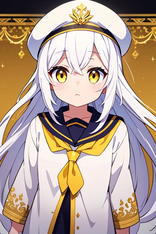 White cap with gold decoration、Long white hair、Yellow Eyes、Sailor'White uniform