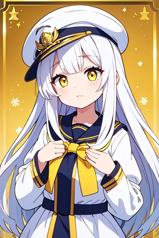 White cap with gold decoration、Long white hair、Yellow Eyes、Sailor&#39;White uniform