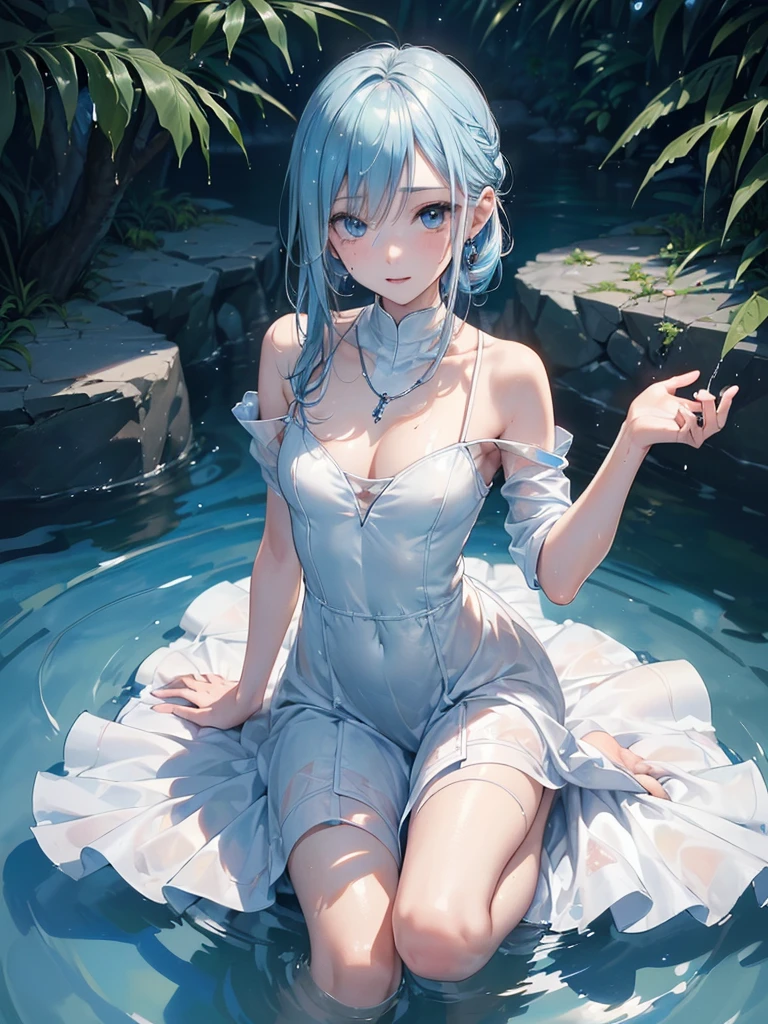((Biologically correct limb count)),(( From head to toe,Full-body photo including face)),4K,((Standing position)),masterpiece,((Focus on the face)),((Symmetrical facial features)),Eyes with detailed description,Beautiful woman,Great style,Beautiful arms,Beautiful legs,Beautiful Hands,(Small Ass,Thin thighs),Detailed depiction of the face,Small earrings,necklace,(White dress,((evening,Kneel、Playing in the river、splashes rise)),((blue blonde)),Realistic photo,Focus on the face,Dripping Water