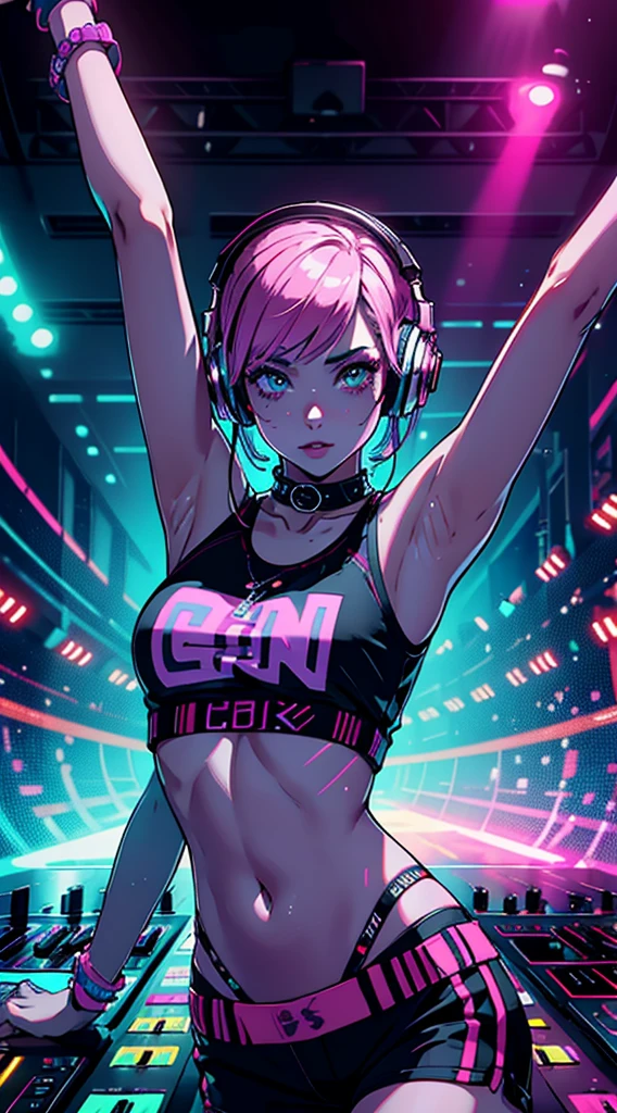 upper body, female dj, colorful clothes , quirky, vibrant appearance, playful accessories, creative behavior, imaginative, sensual, spontaneous, dj headphones, mixing console, music club, night club, indie theaters, people dancing on the dance floor background, underground danceclub, highest quality, skin texture, intricate details, (cinematic lighting), RAW photo, 8k