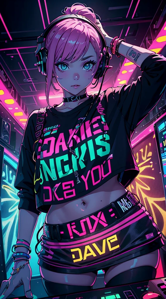 upper body, female dj, colorful clothes , quirky, vibrant appearance, playful accessories, creative behavior, imaginative, sensual, spontaneous, dj headphones, mixing console, music club, night club, indie theaters, people dancing on the dance floor background, underground danceclub, highest quality, skin texture, intricate details, (cinematic lighting), RAW photo, 8k