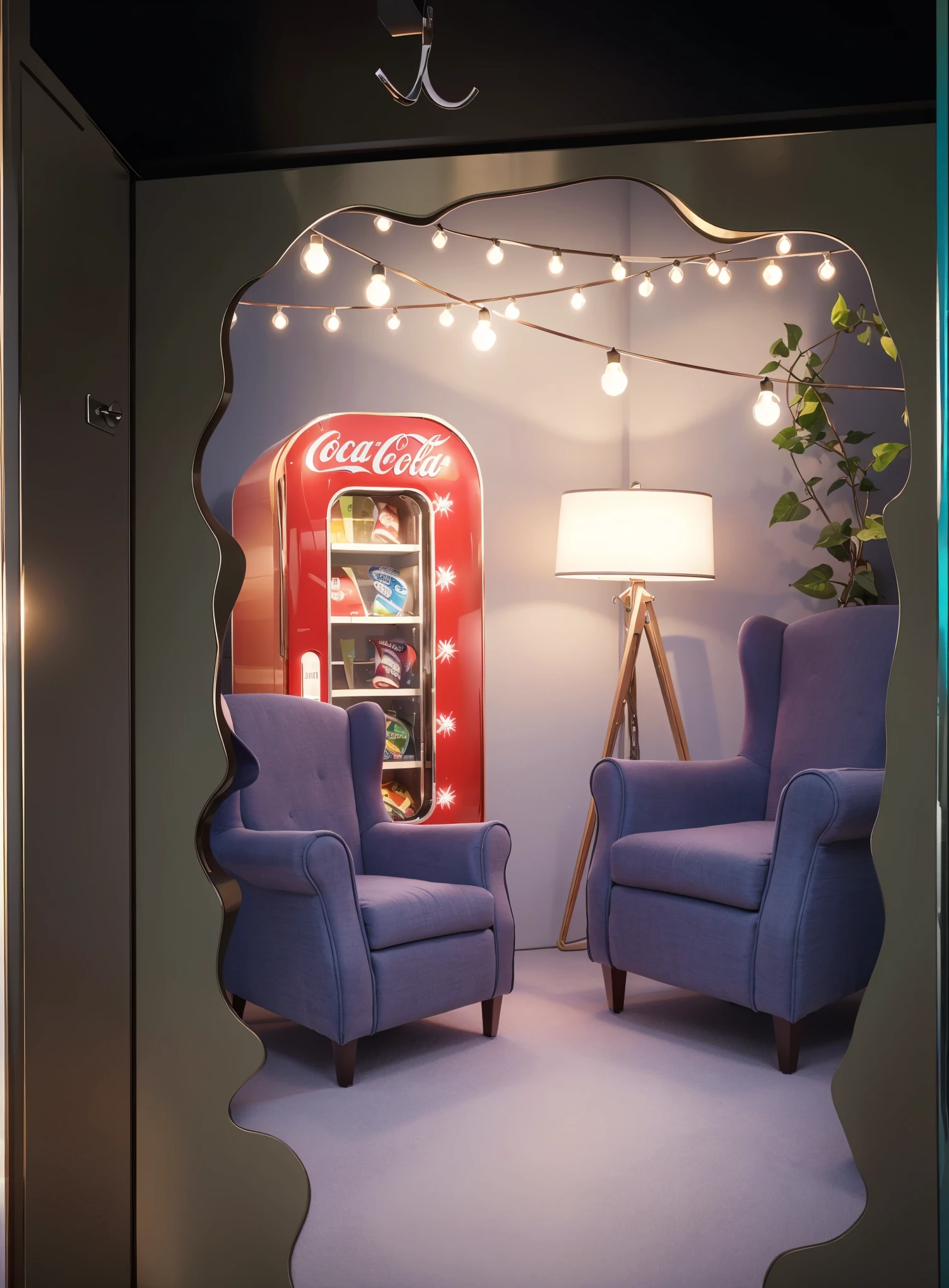 This image creatively showcases a hidden lounge area, revealed through the silhouette of a profile cutout in a locker door. The interior features cozy elements such as two plush, blue armchairs and a vibrant, red Coca-Cola vending machine that adds a pop of color. The setting is warmly lit with string lights and a floor lamp, enhancing the inviting ambiance. A green plant adds a touch of nature, completing this snug and stylish secret retreat.___vibrant contrast to his attire and accessories.аffects render, (glossy plastic texture with multiple big light probe refractions), perfect cgi, smooth silhouette, high intensity refraction, (super glossy plastic material), most beautiful vfx, , realistic, 4k, high resolution, rim light, smooth 3d model, multiple light sources, rim light, sharp post effects render,, realistic, 4k, high resolution, rim light detailed digital art, reflective, best quality, 4k, masterpiece:1.2, ultra-detailed, realistic, vivid colors, The image of the highest quality, ensuring every detail showcased perfectly. It in 4k resolution, allowing viewers to immerse themselves in the richness of the colors and intricate details. The realistic rendering. under the spotlight, reflecting, high-resolution image, realistic rendering