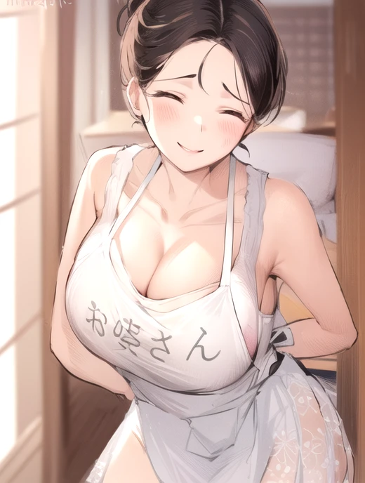 A drawing of a woman wearing a bra top and tight pants,skirt, apron, tits, Teasing Smile, tits proportions, chest, Mature Woman, Curvy Women、Camel Toe、Giant tit、Nipple Puffs、Cleavage、Plump、Super big breasts、Super big butt、Bubble butt