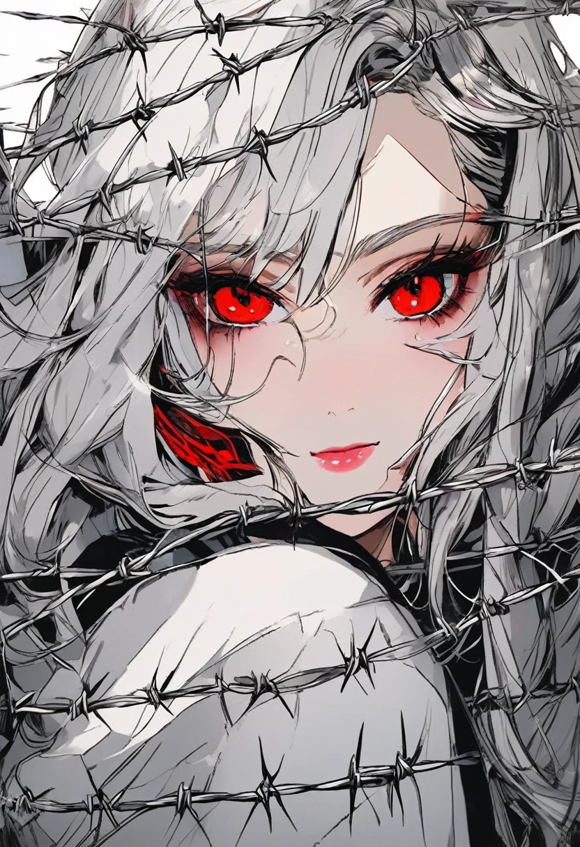 Beautiful young white-haired girl with piercing red eyes, half smile with full lips, black nails, barbed wires everywhere(coiled black barbed wires)