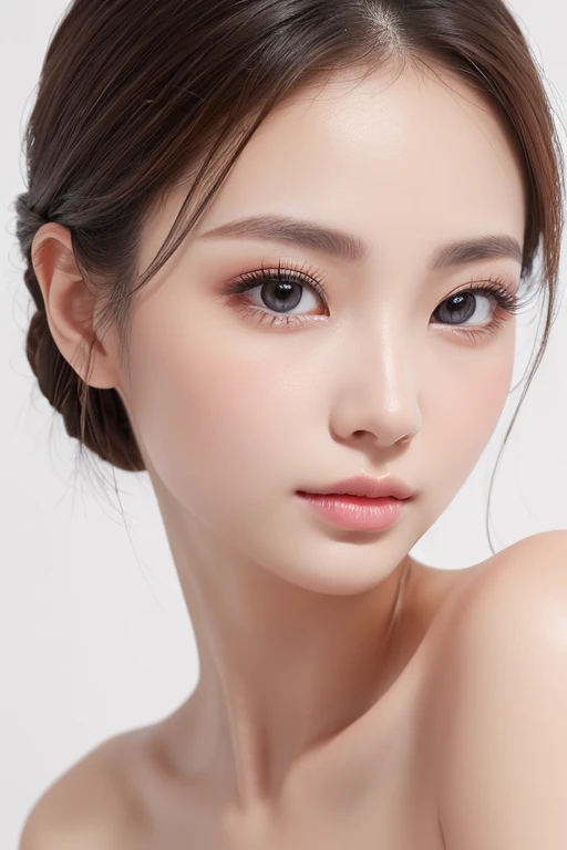 (Highest quality、Tabletop、8k、Best image quality、Award-winning works)、(Face close-up:1.2)、(Pure white background:1.2)、(nude:1.1)、Closed lips、Perfect beautiful face、Glowing Beautiful Skin、Perfect Makeup