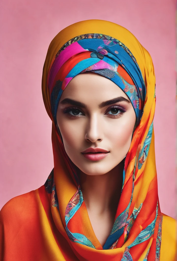 A woman wearing a hair covering on her head. Modern women's fashion. Islamic inspiration. Bold bright colours 