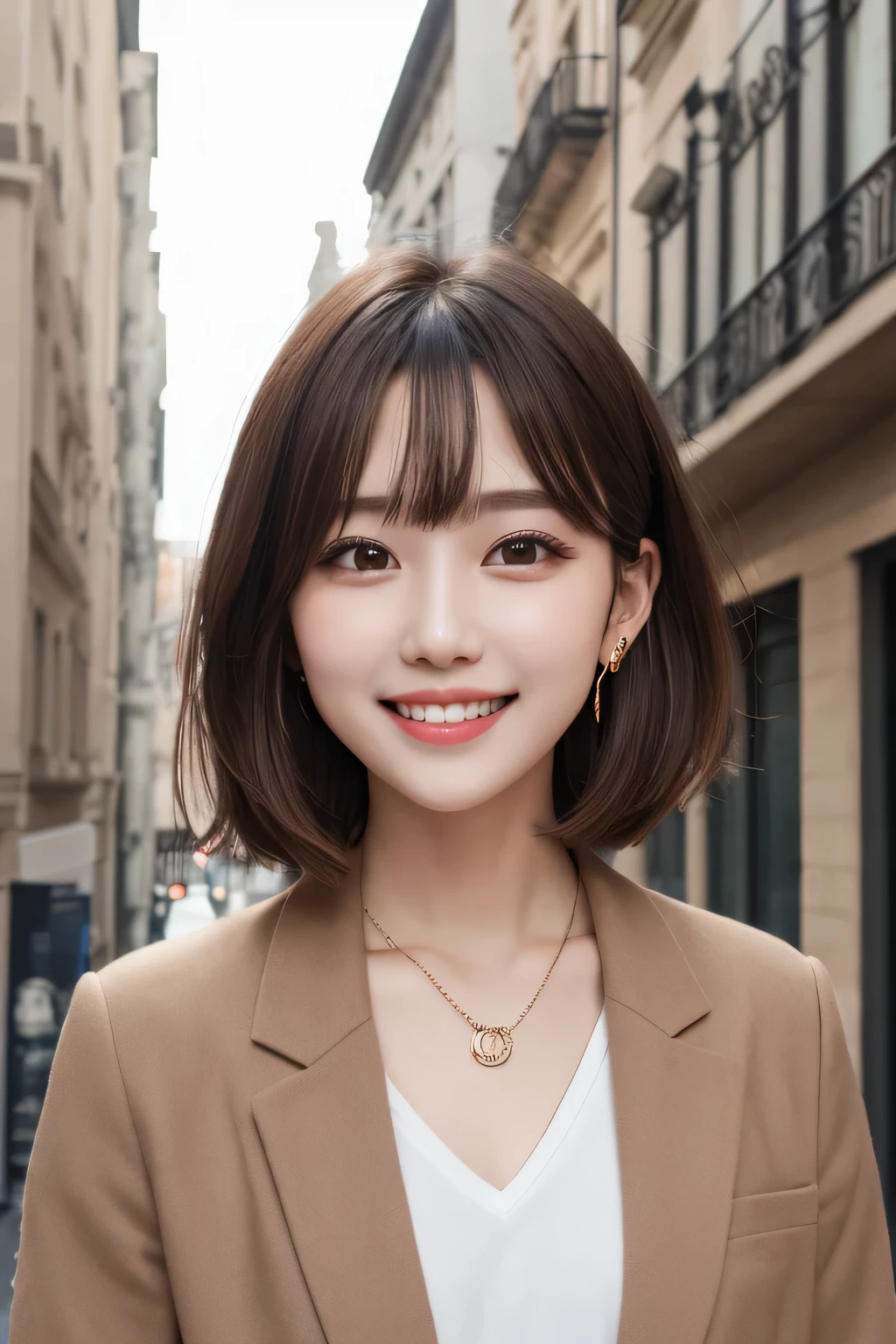 Highest quality, ,smile、Beautiful teeth alignment、Light brown hair、Short Haircut、Dark eyeliner、Jacket、shirt、ear piercing、necklace,、The background is the building's corridor.