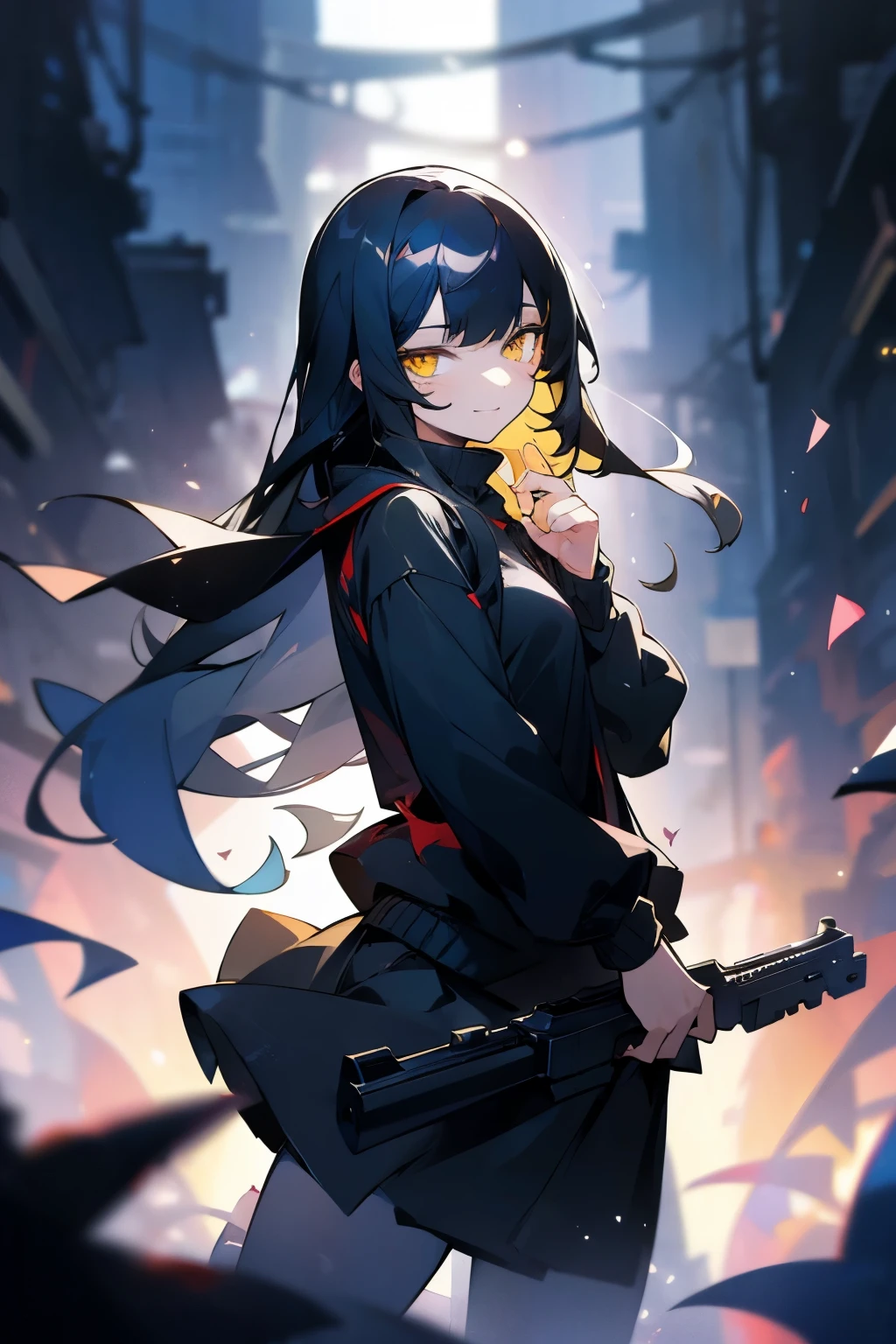 A girl, with long black hair, yellow eyes, wearing a black sweater, wearing a gray skirt, with a manipulative, cruel, and satisfied expression on her face, posing while looking at the camera with her body turned, holding a gun, any blood in her face and clothes, the background is a narrow alley at night, VERY CHAOS situation, HD picture, good AI art, NO BLUR PICTURE. 