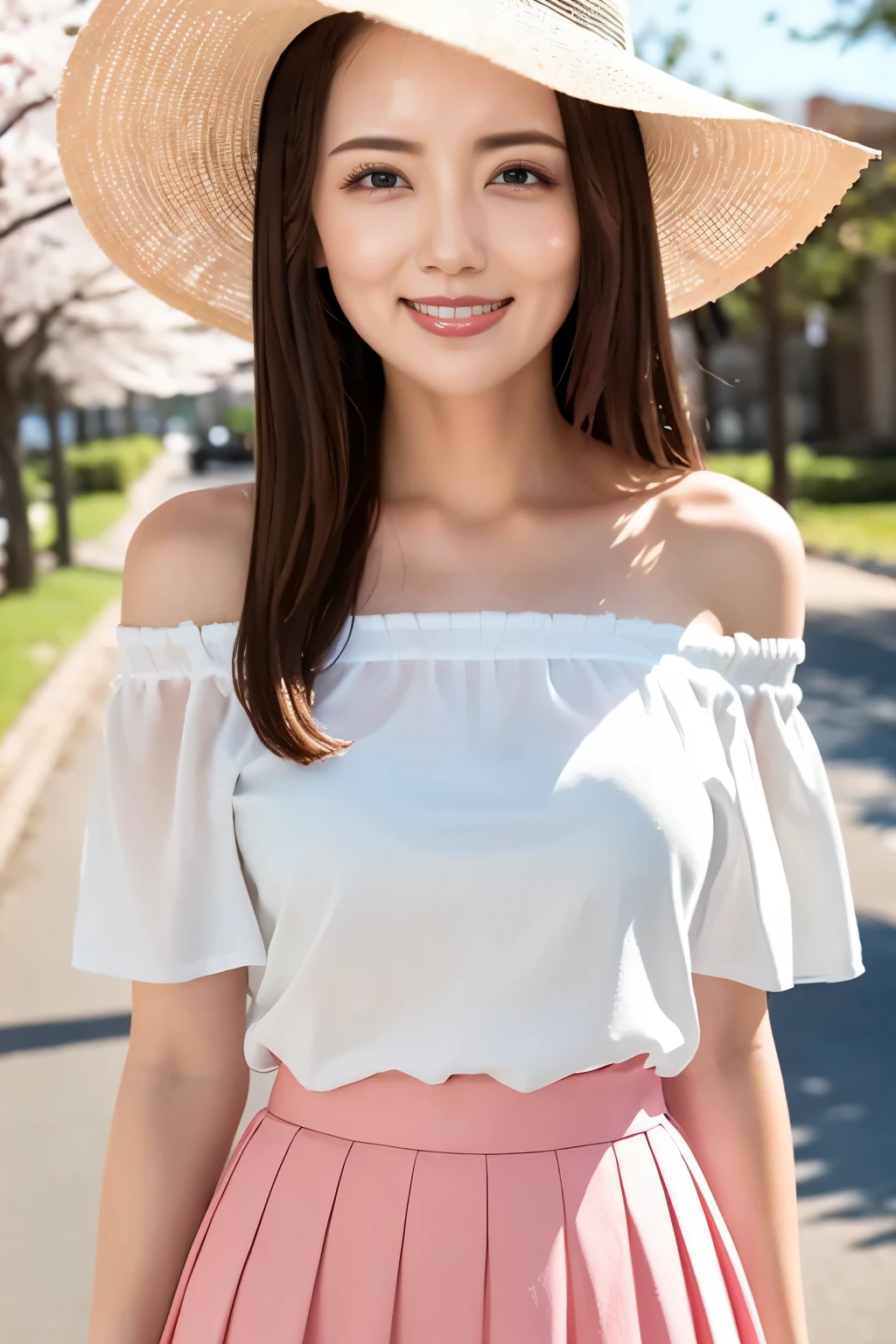 (Highest quality、Tabletop、8k、Best image quality、Hyperrealism)、Accurate anatomy、The best smile、(Close-up of face:1.1)、(White off-the-shoulder blouse with large frills:1.2)、(Elegant and cute light pink flat skirt:1.2)、Blurry park background、Blurred cherry blossoms in full bloom、Are standing、(Very bright and vivid:1.2)、(Bright and glowing skin:1.3)、(Beautiful sunny sky:1.2)、The perfect straw hat