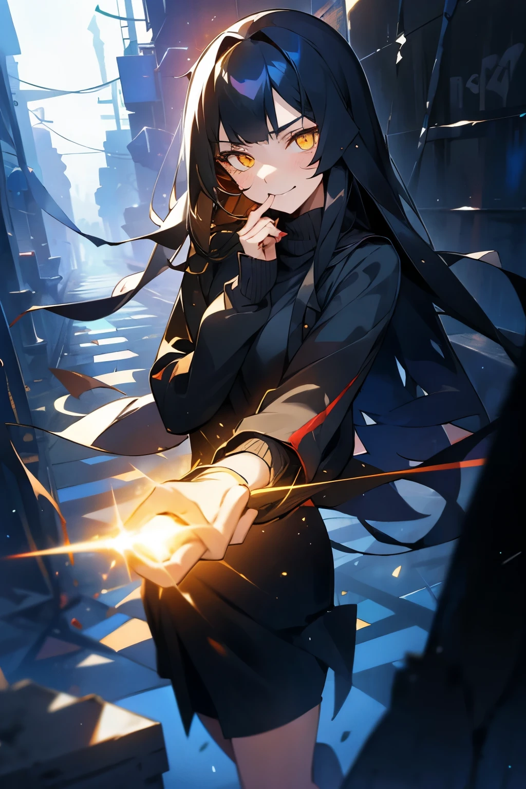 A girl, with long black hair, yellow eyes, wearing a black sweater, wearing a gray skirt, with a manipulative, cruel, and satisfied expression on her face, posing while looking at the camera with her body turned, holding a gun, any blood in her face and clothes, the background is a narrow alley at night, VERY CHAOS situation, HD picture, good AI art, NO BLUR PICTURE. 