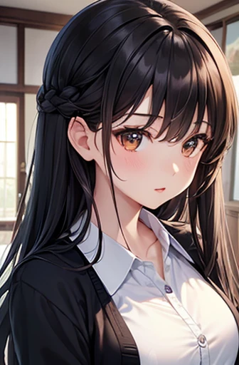 ((Highest quality)),(超High resolution),(Very detailed),(Detailed Description),((The best CG)),(a masterpiece of art),Ultra-detailed art,Amazing painting art,(Art with precise detail:1.5), Portraiture:1.6,Bust Shot:1.4,(1 female:1.5),Beautiful and well-proportioned face:1.5、 Japanese、girl,thin、Small face、Brown eyes、expensive、 High resolution,Black Hair、Long Hair、classroom、White blouse、(Black cardigan:1.2)、 years olre standing、mature,Big Breasts