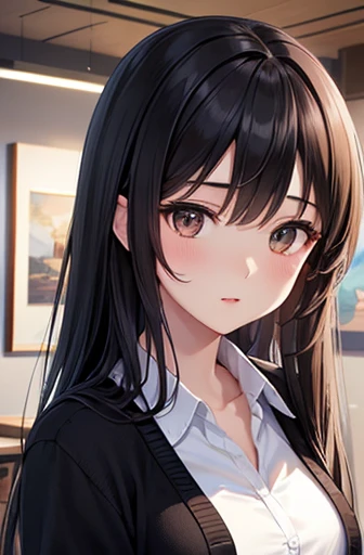((Highest quality)),(超High resolution),(Very detailed),(Detailed Description),((The best CG)),(a masterpiece of art),Ultra-detailed art,Amazing painting art,(Art with precise detail:1.5), Portraiture:1.6,Bust Shot:1.4,(1 female:1.5),Beautiful and well-proportioned face:1.5、 Japanese、girl,thin、Small face、Brown eyes、expensive、 High resolution,Black Hair、Long Hair、classroom、White blouse、(Black cardigan:1.2)、、Are standing、mature,Big Breasts
