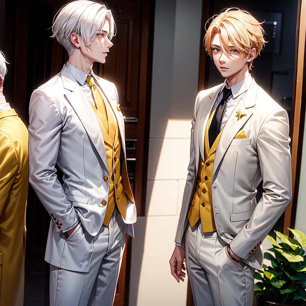 A young man with white hair, brown eyes with white suit and yellow tie, talking to,
your friend with red hair and warm casual clothes