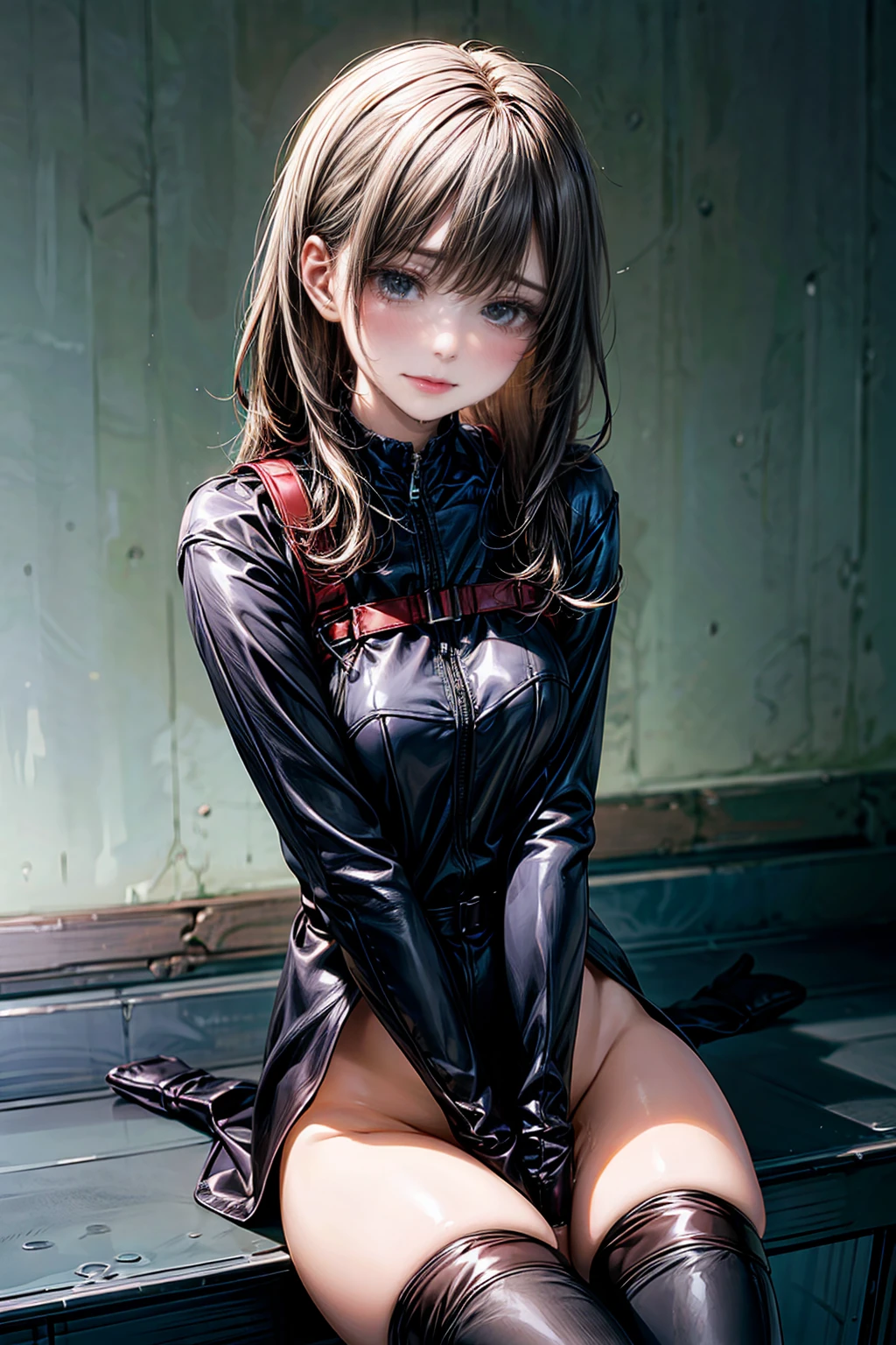 masterpiece, Highest quality, (One 25-year-old woman)、8k、NSFW、(Cowboy Shot)、(Sit down and open your legs:1.5)、(Restraints:2)、Body Harness、(High leg:1.5)、beautiful、Plain body stockings、Patent leather boots、Crying face、Big tears、Fluid in the crotch、Love juice、