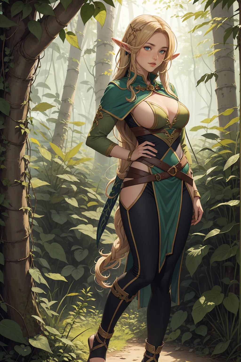 1girl, long blonde hair, long ear ((elf)), large breasts, ranger elf cloth, lush jungle, smiling, fullbody shot, standing at the tall tree branch,