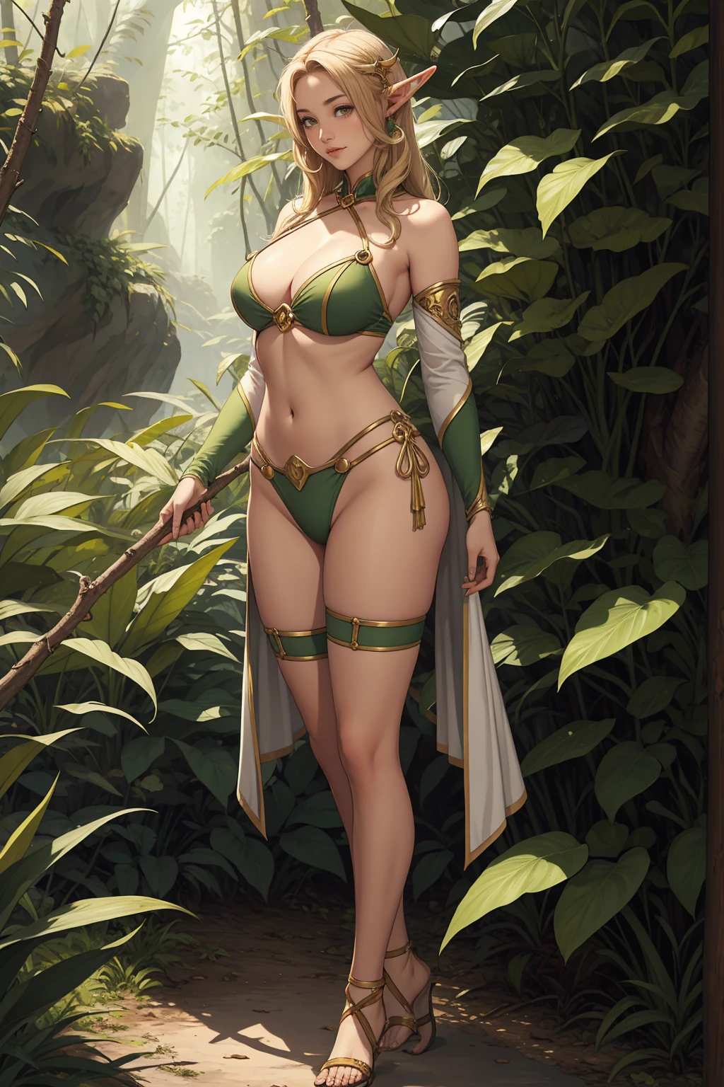 1girl, long blonde hair, long ear ((elf)), large breasts, ranger elf cloth, lush jungle, smiling, fullbody shot, standing at the tall tree branch, 