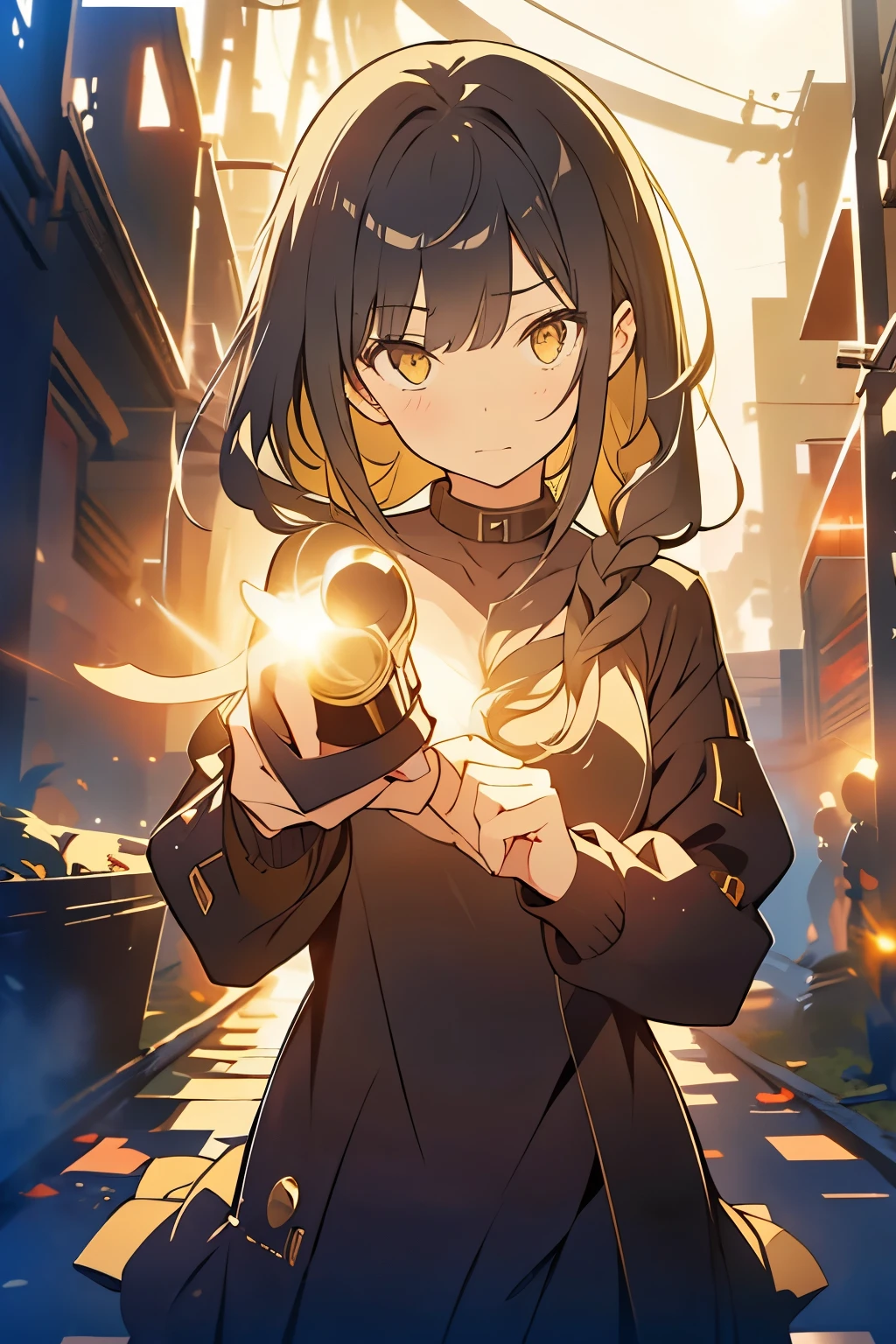 A girl, with long black hair, yellow eyes, wearing a black sweater, wearing a gray skirt, with a manipulative, cruel, and satisfied expression on her face, posing while looking at the camera with her body turned, holding a gun, any blood in her face and clothes, the background is a narrow alley at night, VERY CHAOS situation, HD picture, good AI art, NO BLUR PICTURE. 