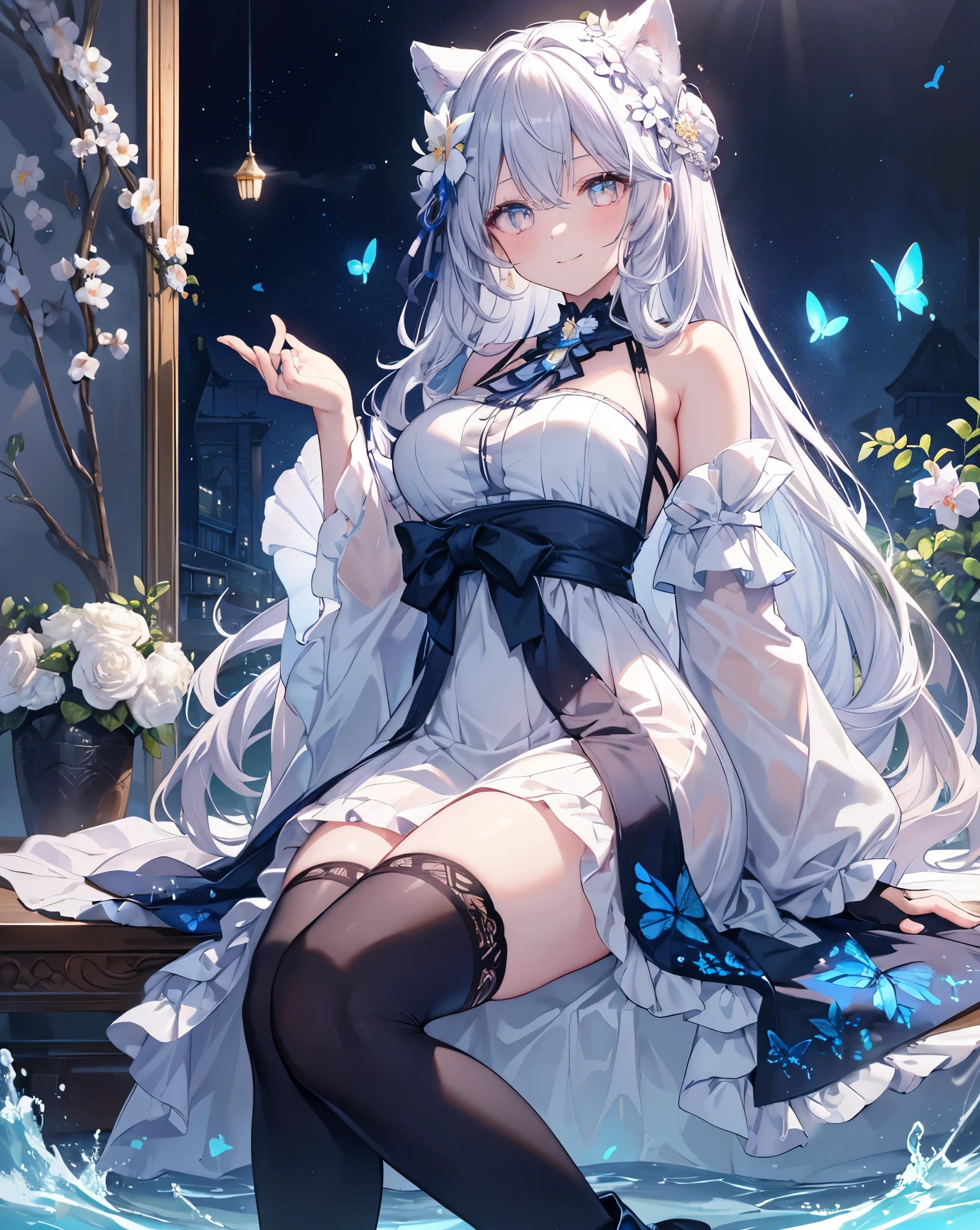 masterpiece、Highest quality、one person&#39;s、White Hair、short hair、Light blue eyes、White school uniform、Lying on your back、blush、The light shines through、NFSW