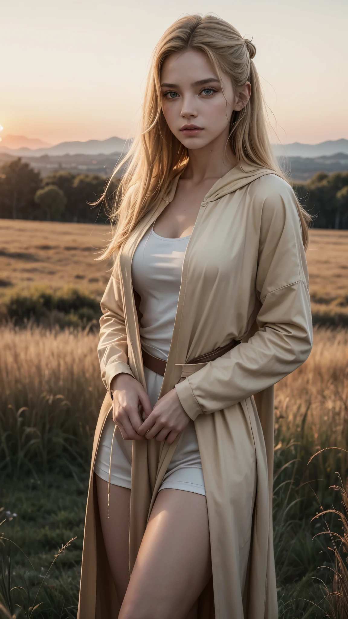 ((cos todo)) ((Visible knees)) ((visible hands)) A photorealistic photograph of a full-length cos, from front view, slim, Bullish, Youngh, blonde, 20 year, Supermodel, fitness model standing in a meadow using a ((offwhite, beige and brown inspired Jedi cosplay outfit)) . The woman has a beautiful, toned,  cos. the image is realistic, highy detailed. resolução muito Bullish, 8k rendering, late afternoon lighting with the setting sun and the red horizon. The lighting is perfect, the scene is clear, Extreme realism, cinematic image. Hyper detailed face, beautiful piercing eyes, Adriana Grande&#39;s lookalike, Long hair blowing in the wind, seductive outfit ((colorfully)) 