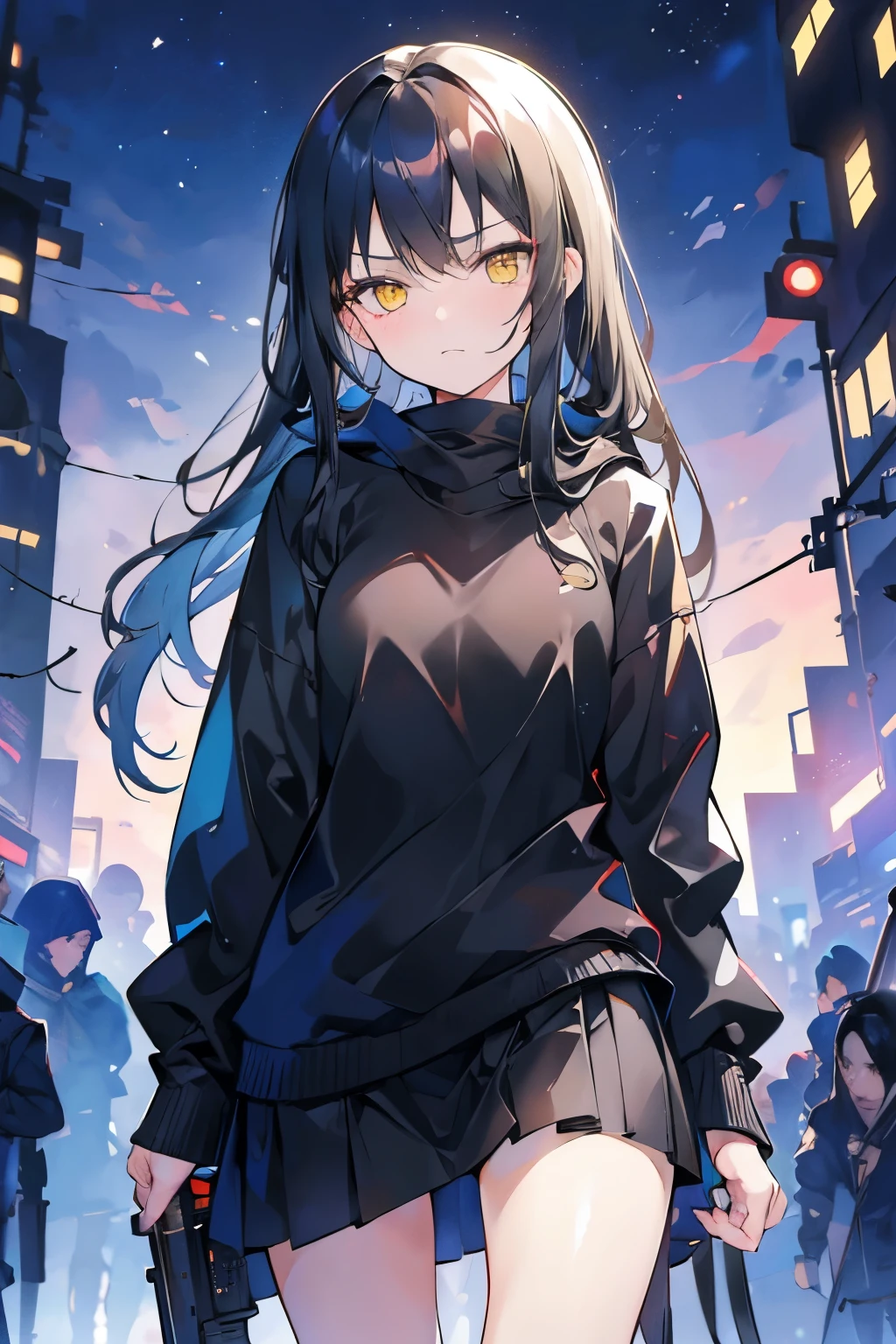 A girl, with long black hair, yellow eyes, wearing a black sweater, wearing a gray skirt, with a manipulative, cruel, and satisfied expression on her face, posing while looking at the camera with her body turned, holding a gun, any blood in her face and clothes, the background is a narrow alley at night, VERY CHAOS situation, HD picture, good AI art, NO BLUR PICTURE. 