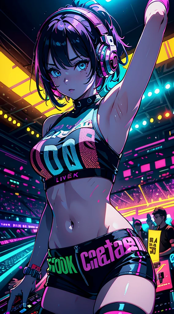 upper body,  female dj, colorful clothes , quirky, vibrant appearance,  playful accessories, creative behavior, imaginative, sensual, spontaneous, dj headphones, mixing console, music club, night club, indie theaters, people dancing on the dance floor background,  underground danceclub,  highest quality, skin texture, intricate details, (cinematic lighting), RAW photo, 8k