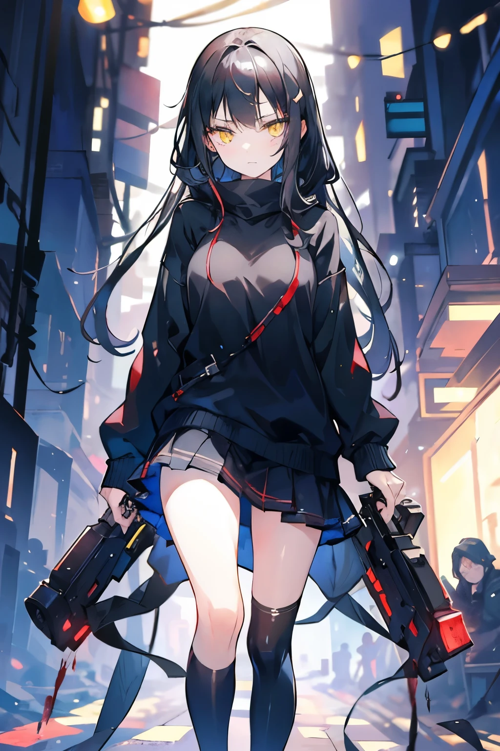 A girl, with long black hair, yellow eyes, wearing a black sweater, wearing a gray skirt, with a manipulative, cruel, and satisfied expression on her face, posing while looking at the camera with her body turned, holding a gun, any blood in her face and clothes, the background is a narrow alley at night, VERY CHAOS situation, HD picture, good AI art, NO BLUR PICTURE. 