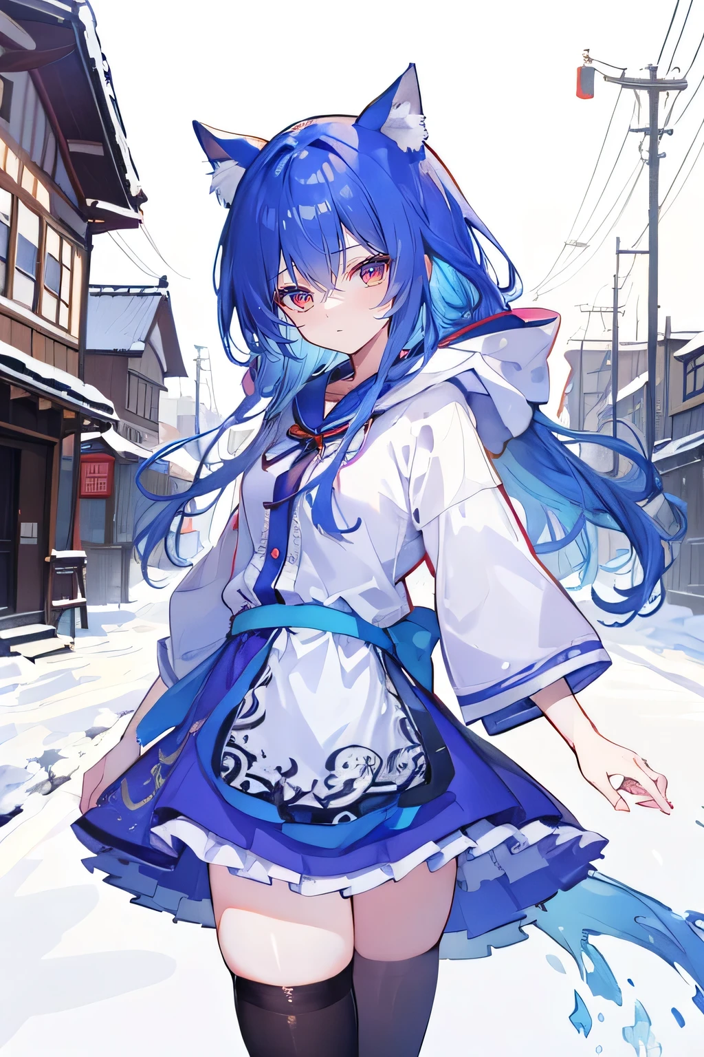 (masterpiece:1.2),Super detailed,lifelike,Expressive eyes,fair skin,perfect face shape,1 girl,
Japanese comics,Gorgeous blue hair,flowing blue hair,flowing clothes,Cat ears,Petals fall,beautiful lola,Baby Angel,
Shaking head with one hand,Cross your legs,smile, wearing hoodie, ,back views,snowing, winter,City Street Scene,winter。