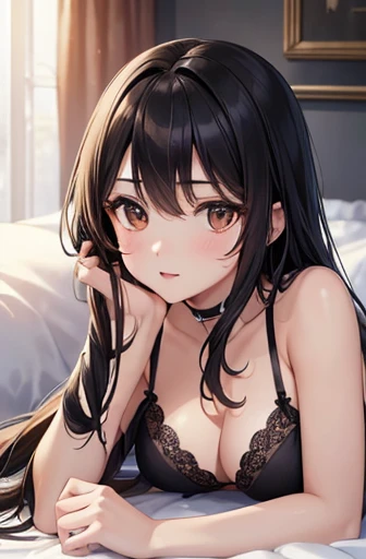 ((Highest quality)),(超High resolution),(Very detailed),(Detailed Description),((The best CG)),(a masterpiece of art),Ultra-detailed art,Amazing painting art,(Art with precise detail:1.5), Portraiture:1.6,Bust Shot:1.4,(1 female:1.5),Beautiful and well-proportioned face:1.5、Highest quality, Japanese、girl,thin、Small face、Brown eyes、expensive、 High resolution,Black Hair、Long Hair、Hotel、black lace bra、Black panties、、Lying in bed、mature,Big Breasts