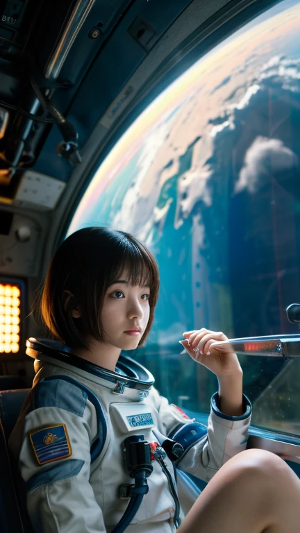 Japanese girl in space suit looking at earth from window, 15 years old, space station, cinematic shot, sci-fi movie scene, ((masterpiece, best quality, award winning, highest resolution, photorealistic, raw photo, 8K wallpaper))