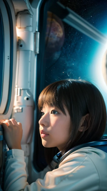 Japanese girl in space suit looking at earth from window, , space station, cinematic shot, sci-fi movie scene, ((masterpiece, best quality, award winning, highest resolution, photorealistic, raw photo, 8K wallpaper))