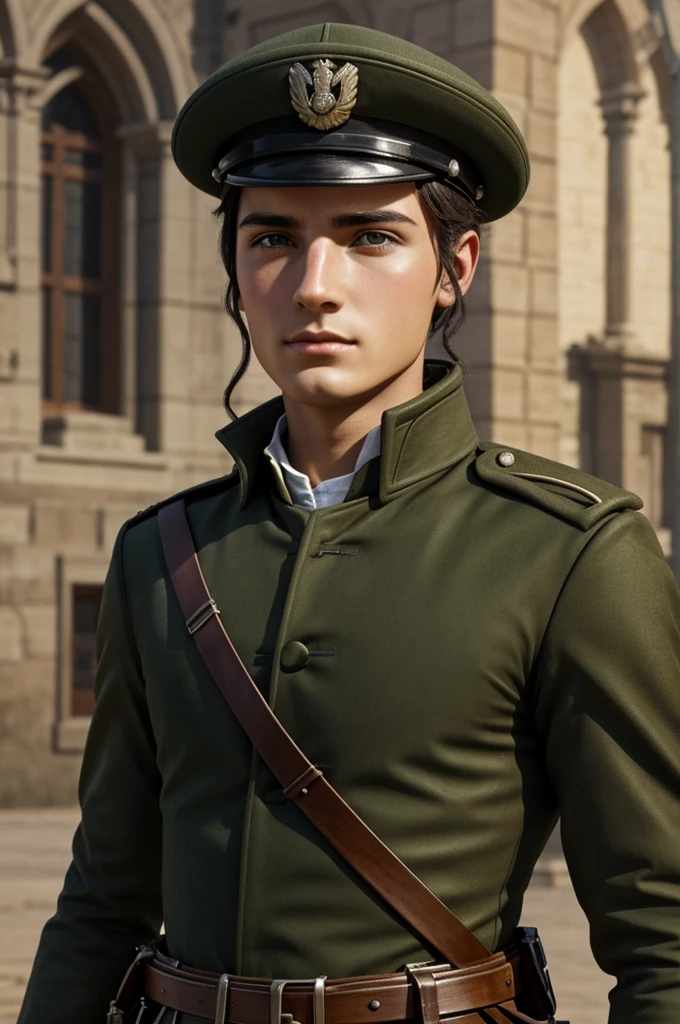Create me a queer soldier, which has both male and female characteristics and the face of Ricarda long