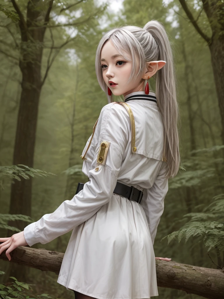 masterpiece, best quality, absurdres, 1girl, solo, FrierenBase, long hair, twintails, earrings, white capelet, striped shirt, horizontal stripes, long sleeves, belt, white skirt, gold-trim, black pantyhose, arms behind back, outdoors, forest, 