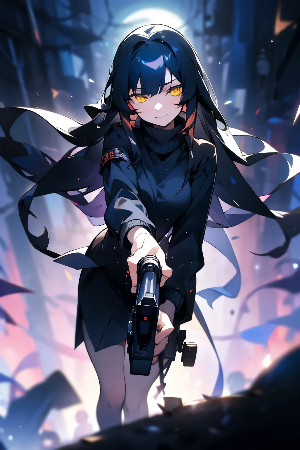 A girl, with long black hair, yellow eyes, wearing a black sweater, wearing a gray skirt, with a manipulative, cruel, and satisfied expression on her face, posing while looking at the camera with her body turned, holding a gun, any blood in her face and clothes, the background is a narrow alley at night, being VERY CHAOTIC, HD picture, good AI art, NO BLUR PICTURE. 