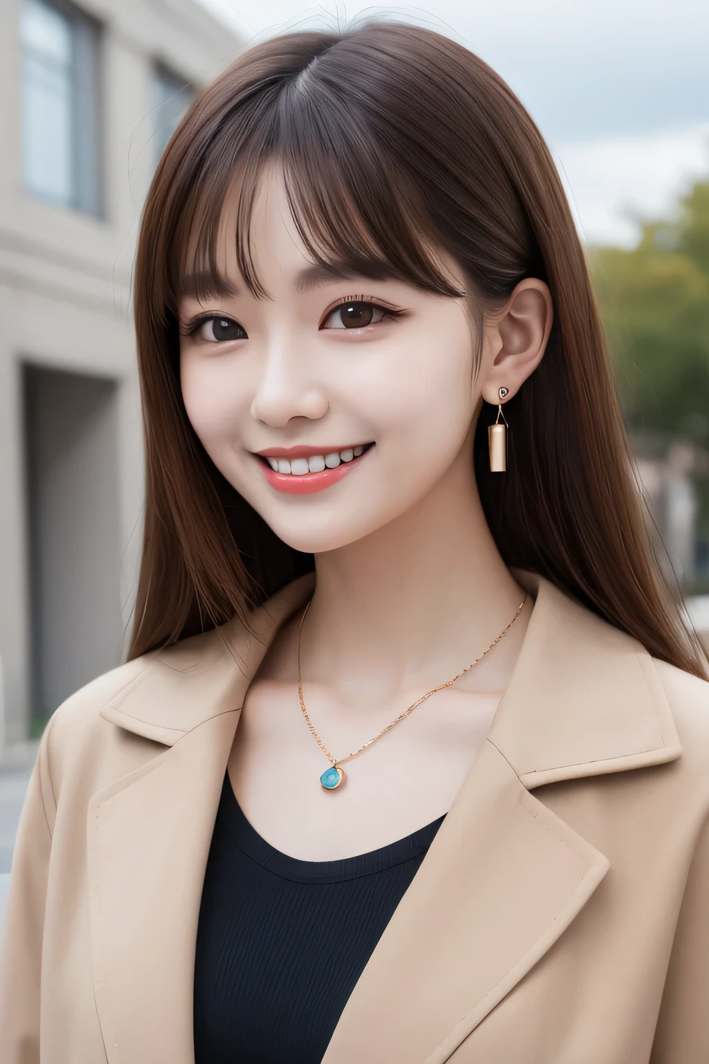 Highest quality, ,smile、Beautiful teeth alignment、Light brown hair、hairstyle semi long、Dark eyeliner、Jacket、shirt、ear piercing、necklace,、The background is the building's corridor.