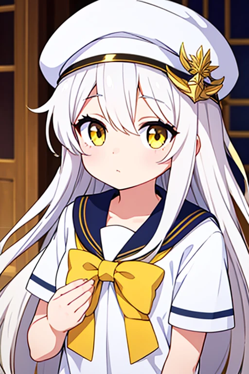 White cap with gold decoration、Long white hair、Yellow Eyes、Sailor'White soldier uniform