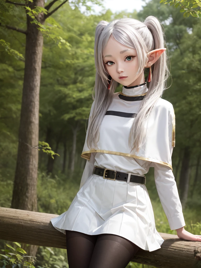 masterpiece, best quality, absurdres, 1girl, solo, FrierenBase, long hair, twintails, earrings, white capelet, striped shirt, horizontal stripes, long sleeves, belt, white skirt, gold-trim, black pantyhose, arms behind back, outdoors, forest,