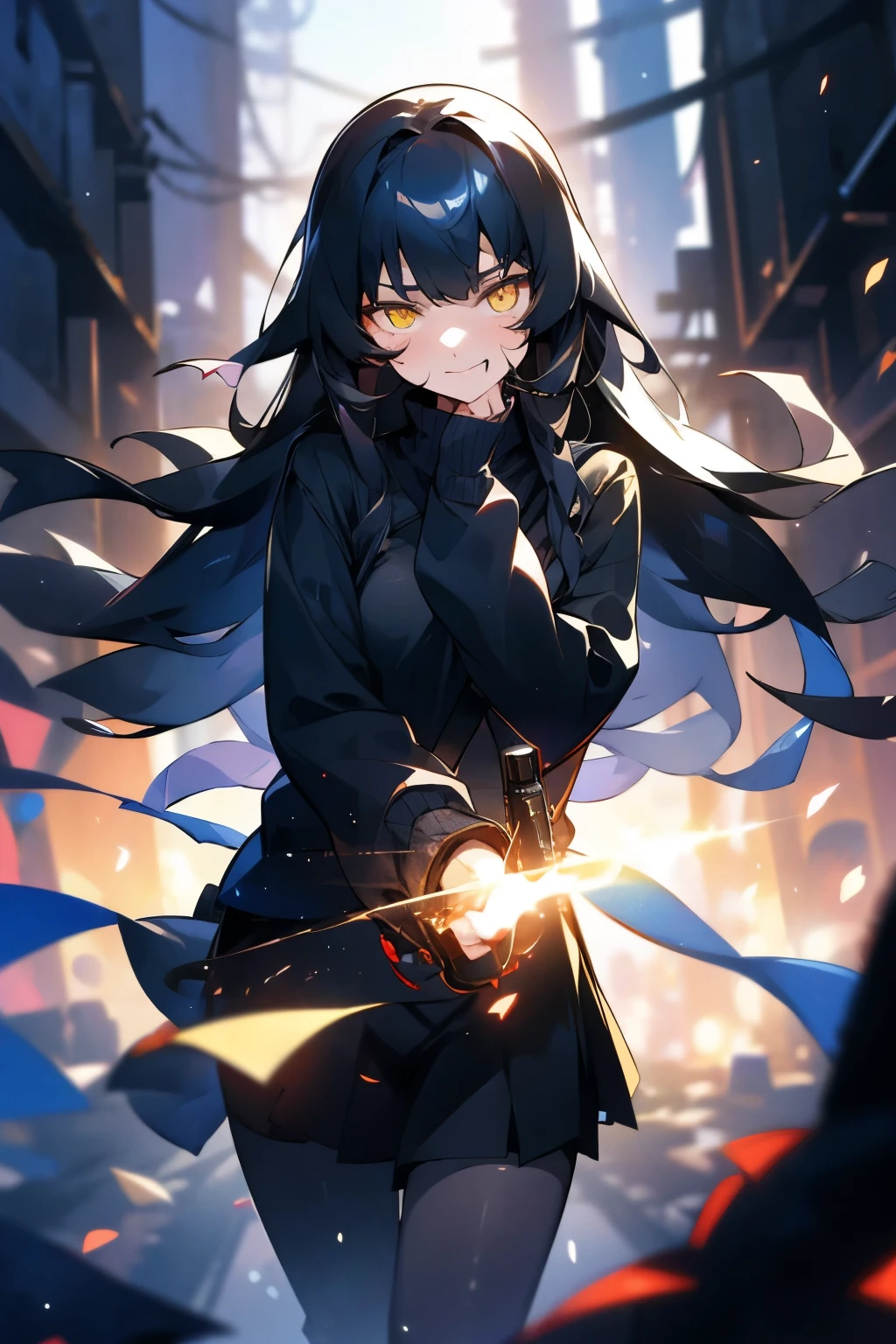 A girl, with long black hair, yellow eyes, wearing a black sweater, wearing a gray skirt, with a manipulative, cruel, and satisfied expression on her face, posing while looking at the camera with her body turned, holding a gun, any blood in her face and clothes, the background is a narrow alley at night, being VERY CHAOTIC, HD picture, good AI art, NO BLUR PICTURE. 