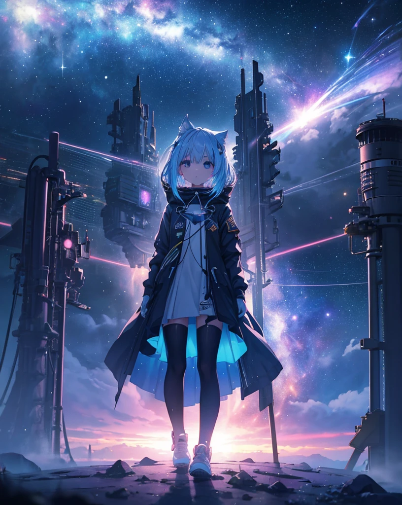 anime nekogirl looking at a shooting star above the clouds, highly detailed raw color photo, dynamic pose, (cosmic: 1.4), (necropolis: 1.1), (science fiction setting), chromatic aberration, depth of field, soft lighting, masterpiece, best quality, intricate, (lens reflection: 0.7), (flowering: 0.7), particle effects, ray tracing