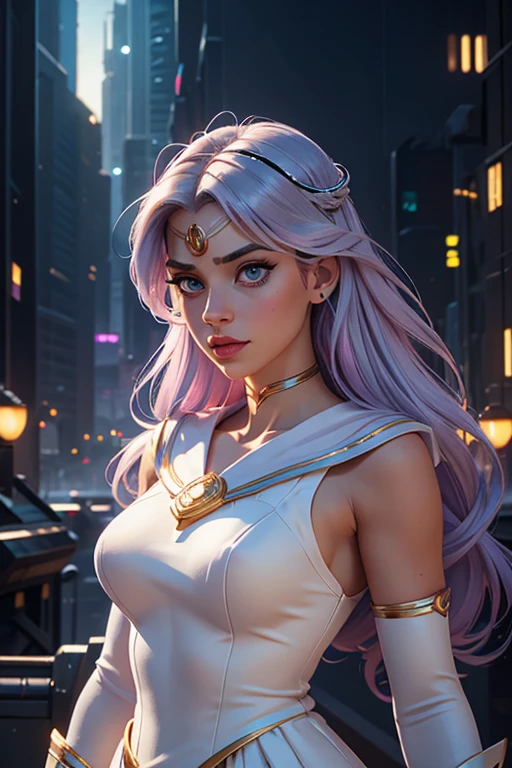 Top Quality, Masterpiece, Ultra High Definition, (Photorealistic: 1.4), Raw Photo, 1 Girl, Dramatic Lighting, Full Body, cyberpunk aesthetic, beautiful girl, light iridescent hair, long hair, pastel cybernetics, grey eyes, long eyelashes, full lips, celestial, light, sailor moon inspired, forehead tiara, half body, cyber city background, white mage, happy, whimsical fantasy dress, fantasy outfit, whimsical