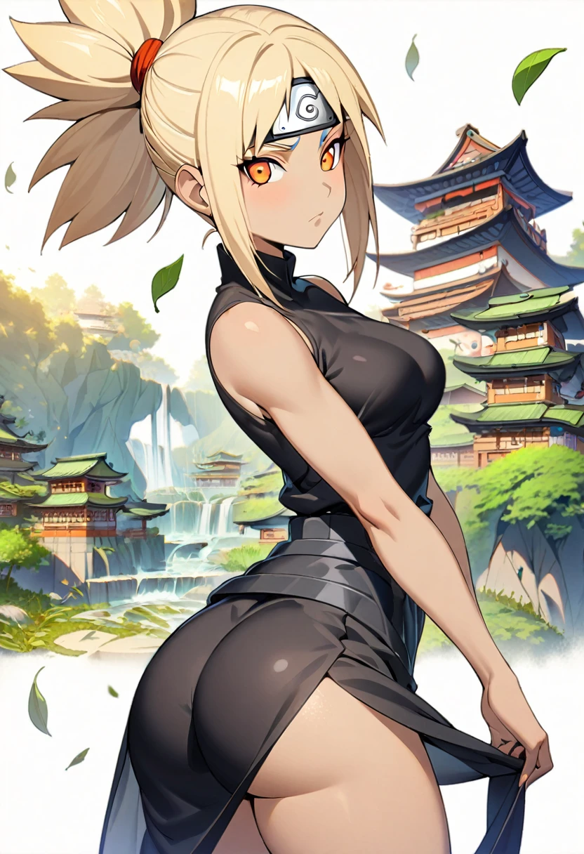 1 girl, alone , short blonde hair tied ,crystal on the forehead ,orange eyes , beautiful, light skin color , wide shoulders, thin waist, medium breasts, defined thighs, thin, defined lean ,wide hips, medium ass, uzumaki clan, naruto shippuden style, Leaf village, black outfit, tribe uzumaki