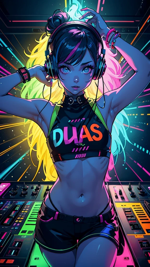upper body,  female dj, colorful clothes , quirky, vibrant appearance,  playful accessories, creative behavior, imaginative, sensual, spontaneous, dj headphones, mixing console, music club, night club, indie theaters, people dancing on the dance floor background,  underground danceclub,  highest quality, skin texture, intricate details, (cinematic lighting), RAW photo, 8k