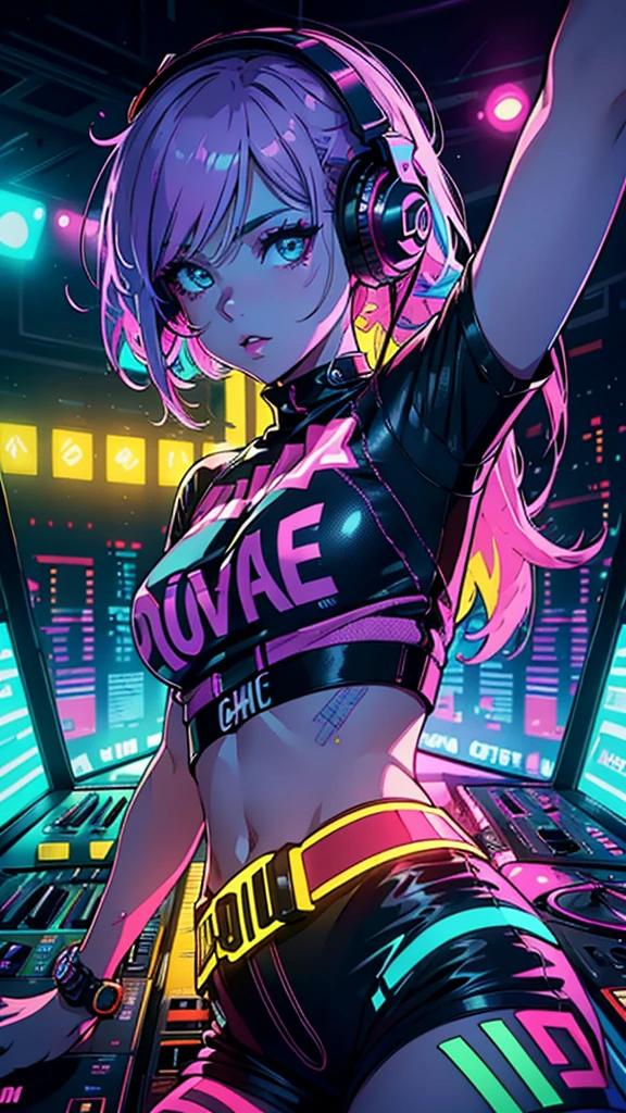 upper body, female dj, colorful clothes , quirky, vibrant appearance, playful accessories, creative behavior, imaginative, sensual, spontaneous, dj headphones, mixing console, music club, night club, indie theaters, people dancing on the dance floor background, underground danceclub, highest quality, skin texture, intricate details, (cinematic lighting), RAW photo, 8k