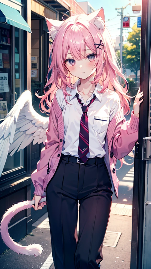 appears a woman with long pink hair, an angelic face, the age of a college girl with slightly dark blue pupils. The woman is wearing a neat black suit with a white shirt and red tie and a red jacket. the woman is wearing black trousers and black leather hills shoes. both hands wear white rubber gloves. Anime style