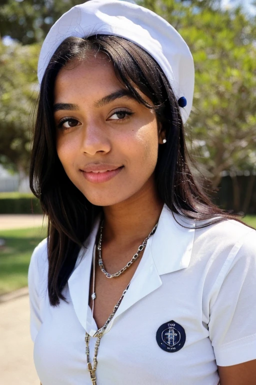 Same woman as yesterday with short dark hair and dark skin wearing the Marist Marist rosary school uniform n I want a 16 year old the same one I created yesterday wearing a Marist rosary