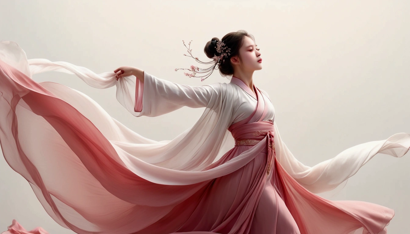 Dance photography;A dancer;A little girl in a gorgeous long dress,Princess dress,Chinese style skirt,pink,Conservative style,Smudged skirt hem;The movements of the dance;Long hair shawl。whole body,front; Simple style;Minimalism。White background,Pure white background;Panoramic photography;Depth of Field, Extraordinary details, masterpiece, high quality, 4K,