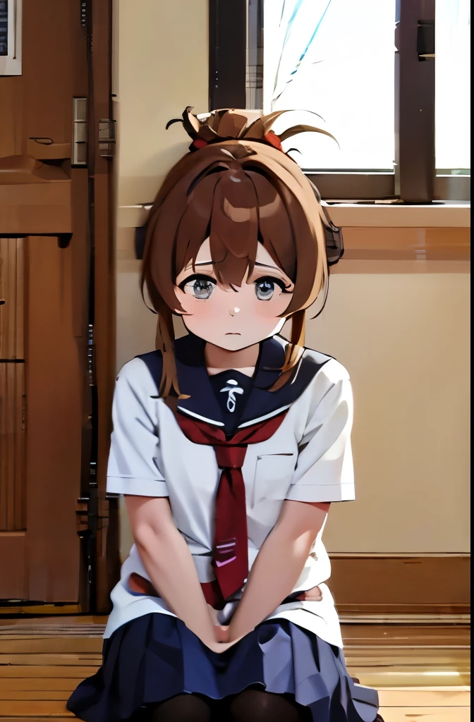 He is sitting on the floor of the school gymnasium, feeling unwell and holding his knees while observing a class.,(masterpiece, best quality:1.2),illustration,8k,HD,1girl,独奏,upper body,(portrait:1.2),brown_hair,folded_ponytail,brown_eyes,serafuku,long_hair,school_uniform,skirt,pleated_skirt,